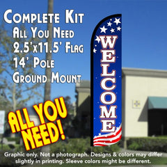 Welcome (Patriotic White) Windless Advertising Feather Flag Kit (Flag, Pole, & Ground Spike) 14 Feet Outdoor Flags