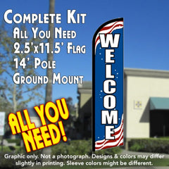 Welcome (Patriotic) Windless Advertising Feather Flag Kit (Flag, Pole, & Ground Spike) 14 Feet Outdoor Flags