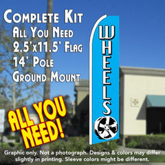 Wheels (Blue) Windless Advertising Feather Flag Kit (Flag, Pole, & Ground Spike) 14 Feet Outdoor Flags