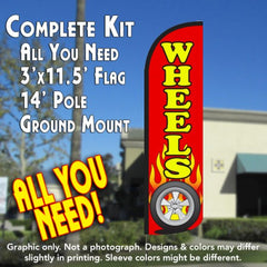 Wheels (Red) Windless Advertising Feather Flag Kit (Flag, Pole, & Ground Spike) 14 Feet Outdoor Flags