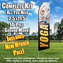 Yoga (People Stretching/Yellow Letters) Windless Advertising Feather Flag Kit (Flag, Pole, & Ground Spike) 14 Feet Outdoor Flags