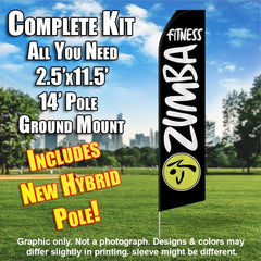 Zumba Fitness Black And White Windless Advertising Feather Flag Kit (Flag, Pole, & Ground Spike) 14 Feet Outdoor Flags