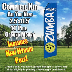 Zumba Fitness Blue And White Windless Advertising Feather Flag Kit (Flag, Pole, & Ground Spike) 14 Feet Outdoor Flags