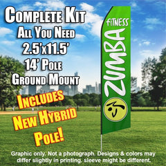 Zumba Fitness Green And White Windless Advertising Feather Flag Kit (Flag, Pole, & Ground Spike) 14 Feet Outdoor Flags