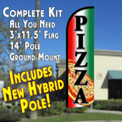 Pizza (Tri-Color/Black) Windless Advertising Feather Flag Kit (Flag, Pole, & Ground Spike) 14 Feet Outdoor Flags