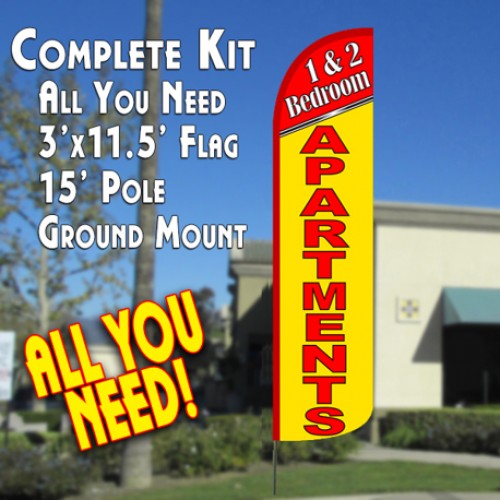 1 & 2 Bedroom Apartments  Windless Advertising Feather Flag Kit  (Flag, Pole, & Ground Spike) 14 Feet Outdoor Flags