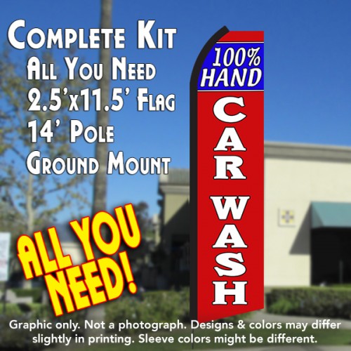 100% Hand Car Wash (Blue/Red)  Windless Advertising Feather Flag Kit  (Flag, Pole, & Ground Spike) 14 Feet Outdoor Flags