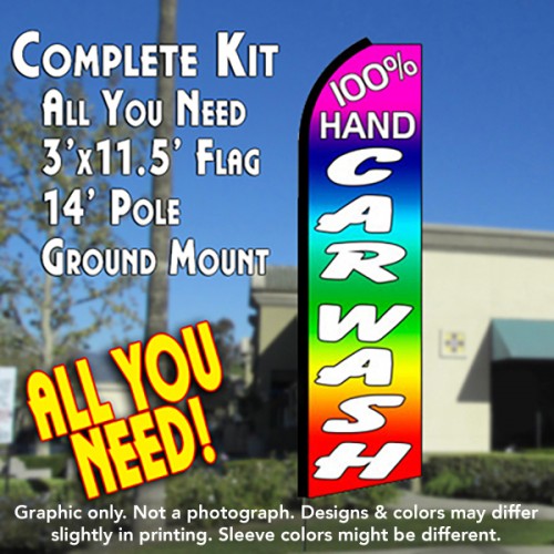 100% Hand Car Wash (Multi-Colored)  Windless Advertising Feather Flag Kit  (Flag, Pole, & Ground Spike) 14 Feet Outdoor Flags