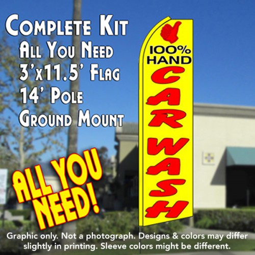 100% Hand Car Wash (Thumb)  Windless Advertising Feather Flag Kit  (Flag, Pole, & Ground Spike) 14 Feet Outdoor Flags