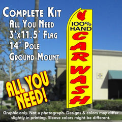 100% Hand Car Wash (Thumb)  Windless Advertising Feather Flag Kit  (Flag, Pole, & Ground Spike) 14 Feet Outdoor Flags
