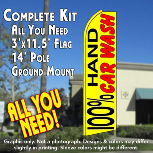 100% Hand Car Wash (Yellow)  Windless Advertising Feather Flag Kit  (Flag, Pole, & Ground Spike) 14 Feet Outdoor Flags