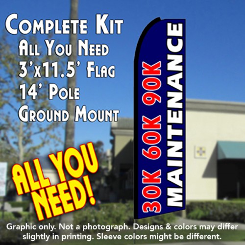 30K 60K 90K Maintenance (Blue)  Windless Advertising Feather Flag Kit  (Flag, Pole, & Ground Spike) 14 Feet Outdoor Flags