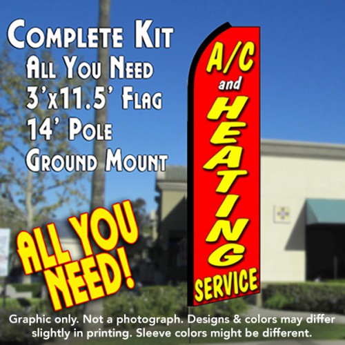 A/C & Heating Service (Red)  Windless Advertising Feather Flag Kit  (Flag, Pole, & Ground Spike) 14 Feet Outdoor Flags