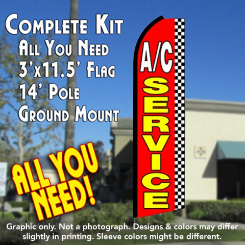 A/C Service (Checkered)  Windless Advertising Feather Flag Kit  (Flag, Pole, & Ground Spike) 14 Feet Outdoor Flags