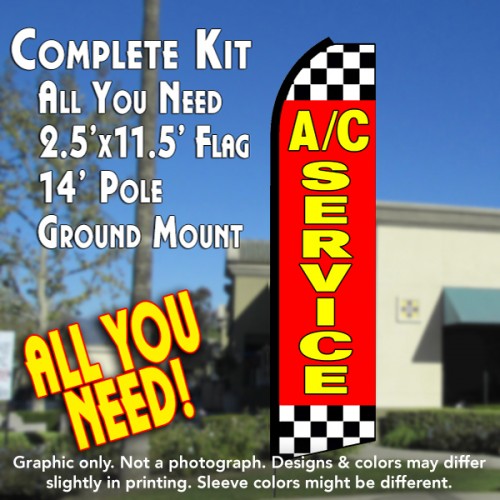 A/C Service (Red/Checkered)  Windless Advertising Feather Flag Kit  (Flag, Pole, & Ground Spike) 14 Feet Outdoor Flags
