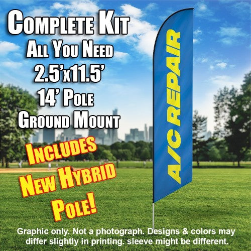A/C Repair (Blue/Yellow)  Windless Advertising Feather Flag Kit  (Flag, Pole, & Ground Spike) 14 Feet Outdoor Flags
