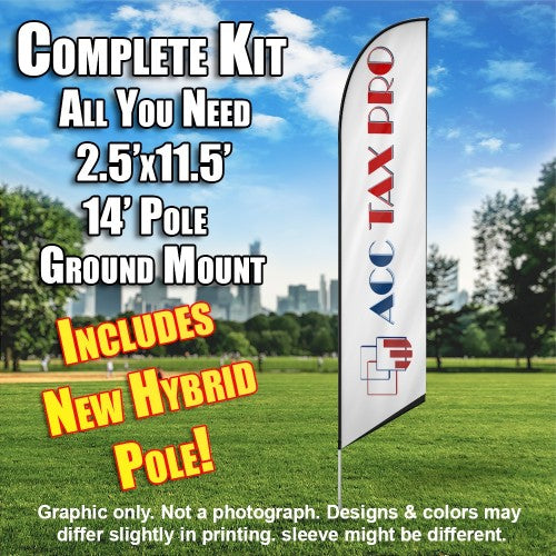 Acc Tax Pro (White With Blue And Red Letters)  Windless Advertising Feather Flag Kit  (Flag, Pole, & Ground Spike) 14 Feet Outdoor Flags