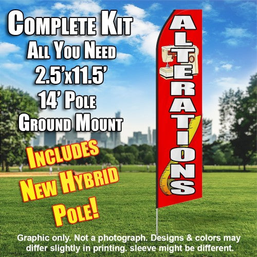 Alterations (Red/White)  Windless Advertising Feather Flag Kit  (Flag, Pole, & Ground Spike) 14 Feet Outdoor Flags