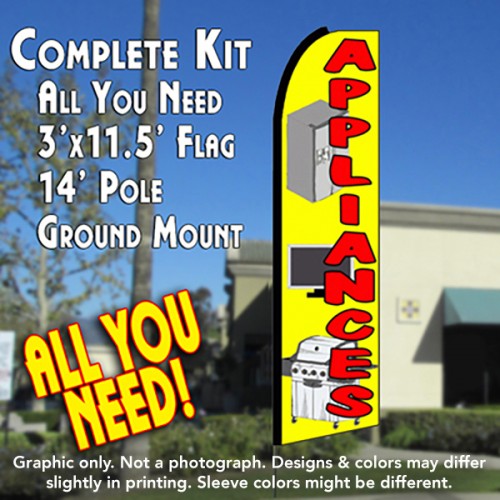 Appliances (Yellow)  Windless Advertising Feather Flag Kit  (Flag, Pole, & Ground Spike) 14 Feet Outdoor Flags