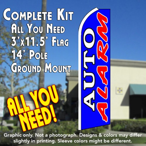 Auto Alarm (Dark Blue)  Windless Advertising Feather Flag Kit  (Flag, Pole, & Ground Spike) 14 Feet Outdoor Flags