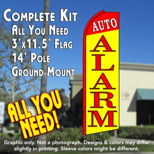Auto Alarm (Red/Yellow)  Windless Advertising Feather Flag Kit  (Flag, Pole, & Ground Spike) 14 Feet Outdoor Flags