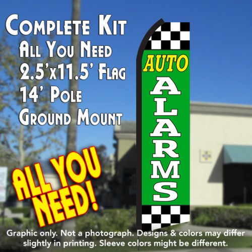Auto Alarms (Green/Checkered)  Windless Advertising Feather Flag Kit  (Flag, Pole, & Ground Spike) 14 Feet Outdoor Flags