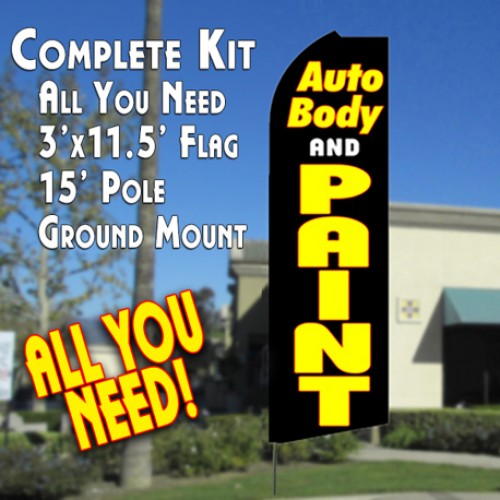 Auto Body And Paint (Black)  Windless Advertising Feather Flag Kit  (Flag, Pole, & Ground Spike) 14 Feet Outdoor Flags