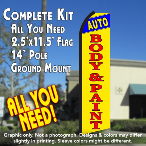 Auto Body & Paint (Blue/Yellow)  Windless Advertising Feather Flag Kit  (Flag, Pole, & Ground Spike) 14 Feet Outdoor Flags