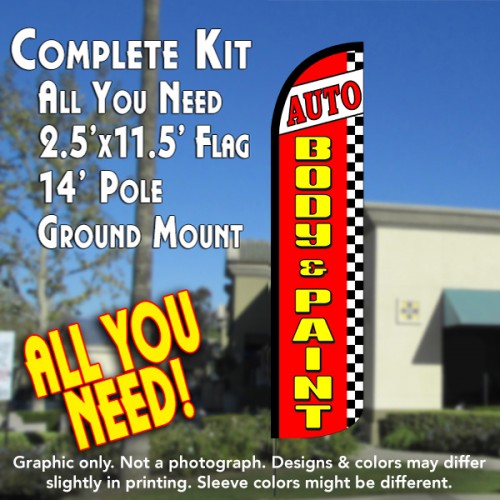 Auto Body & Paint (Red/Checkered)  Windless Advertising Feather Flag Kit  (Flag, Pole, & Ground Spike) 14 Feet Outdoor Flags