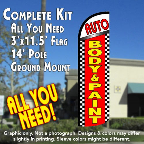 Auto Body & Paint (Checkered)  Windless Advertising Feather Flag Kit  (Flag, Pole, & Ground Spike) 14 Feet Outdoor Flags