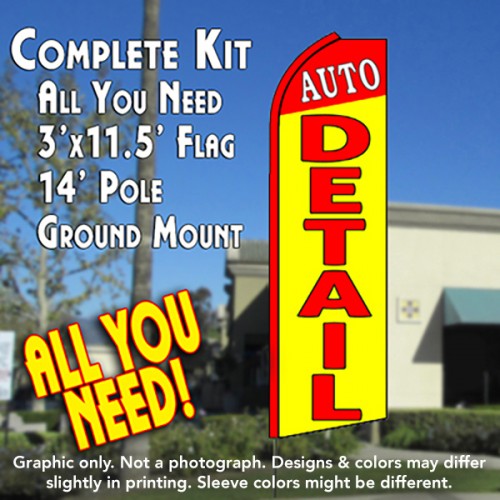 Auto Detail (Red/Yellow)  Windless Advertising Feather Flag Kit  (Flag, Pole, & Ground Spike) 14 Feet Outdoor Flags
