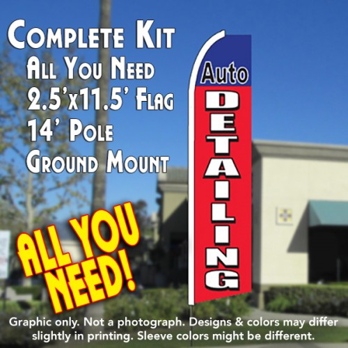 Auto Detailing (Blue/Red)  Windless Advertising Feather Flag Kit  (Flag, Pole, & Ground Spike) 14 Feet Outdoor Flags