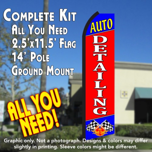 Auto Detailing (Blue/Red)  Windless Advertising Feather Flag Kit  (Flag, Pole, & Ground Spike) 14 Feet Outdoor Flags