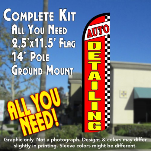 Auto Detailing (Red/Checkered)  Windless Advertising Feather Flag Kit  (Flag, Pole, & Ground Spike) 14 Feet Outdoor Flags