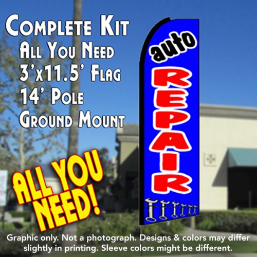Auto Repair (Blue)  Windless Advertising Feather Flag Kit  (Flag, Pole, & Ground Spike) 14 Feet Outdoor Flags