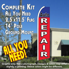 Auto Repair (Blue/Red)  Windless Advertising Feather Flag Kit  (Flag, Pole, & Ground Spike) 14 Feet Outdoor Flags