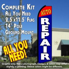 Auto Repair (Red/Blue)  Windless Advertising Feather Flag Kit  (Flag, Pole, & Ground Spike) 14 Feet Outdoor Flags