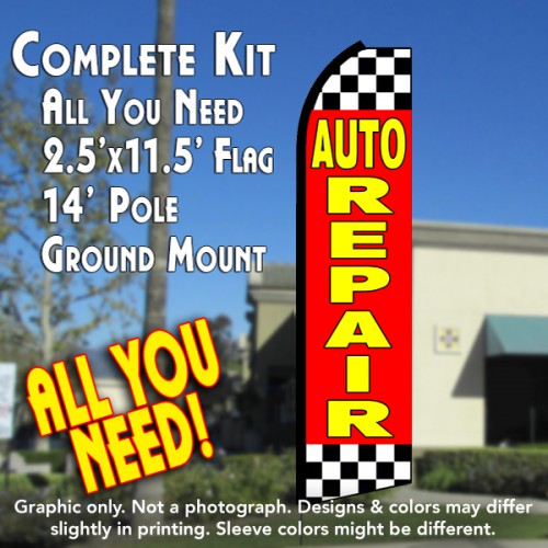 Auto Repair (Checkered)  Windless Advertising Feather Flag Kit  (Flag, Pole, & Ground Spike) 14 Feet Outdoor Flags
