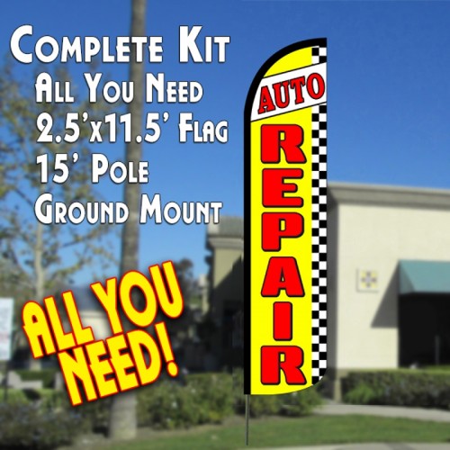 Auto Repair (Yellow/Checkered)  Windless Advertising Feather Flag Kit  (Flag, Pole, & Ground Spike) 14 Feet Outdoor Flags