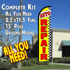 Auto Repair (Yellow/Checkered)  Windless Advertising Feather Flag Kit  (Flag, Pole, & Ground Spike) 14 Feet Outdoor Flags