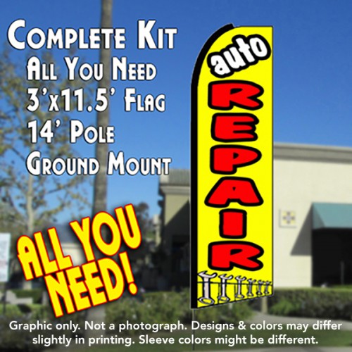 Auto Repair (Yellow)  Windless Advertising Feather Flag Kit  (Flag, Pole, & Ground Spike) 14 Feet Outdoor Flags
