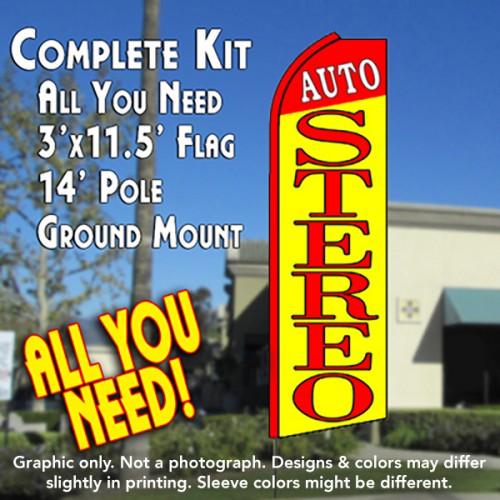 Auto Stereo  Windless Advertising Feather Flag Kit  (Flag, Pole, & Ground Spike) 14 Feet Outdoor Flags
