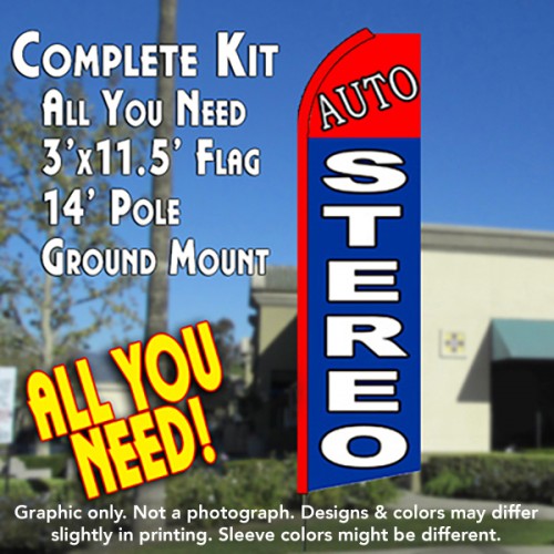 Auto Stereo (Red/Blue)  Windless Advertising Feather Flag Kit  (Flag, Pole, & Ground Spike) 14 Feet Outdoor Flags
