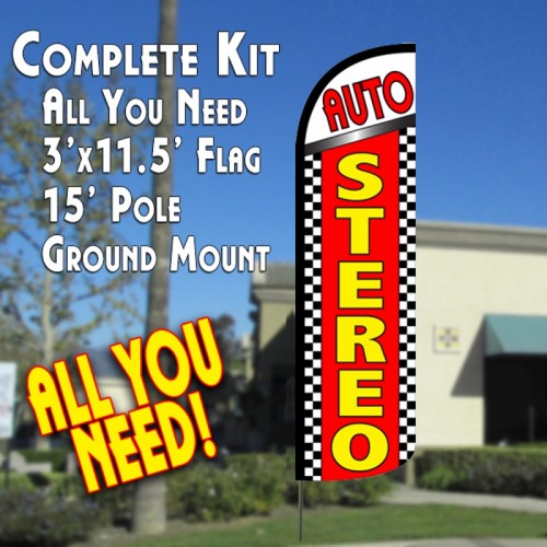 Auto Stereo (Checkered)  Windless Advertising Feather Flag Kit  (Flag, Pole, & Ground Spike) 14 Feet Outdoor Flags