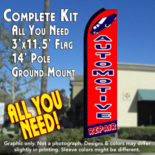 Automotive Repair (Red)  Windless Advertising Feather Flag Kit  (Flag, Pole, & Ground Spike) 14 Feet Outdoor Flags