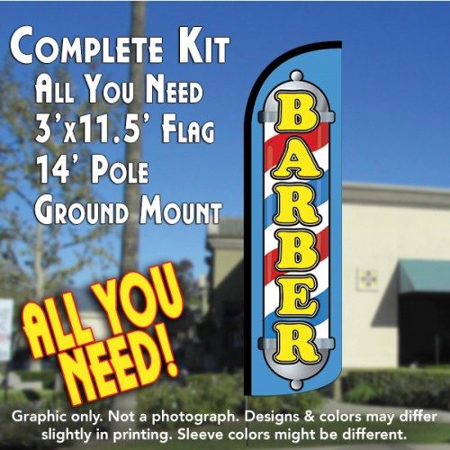 Barber (Blue/Yellow)  Windless Advertising Feather Flag Kit  (Flag, Pole, & Ground Spike) 14 Feet Outdoor Flags