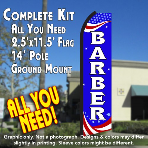Barber (Patriotic)  Windless Advertising Feather Flag Kit  (Flag, Pole, & Ground Spike) 14 Feet Outdoor Flags