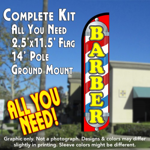 Barber (Pole/Red)  Windless Advertising Feather Flag Kit  (Flag, Pole, & Ground Spike) 14 Feet Outdoor Flags