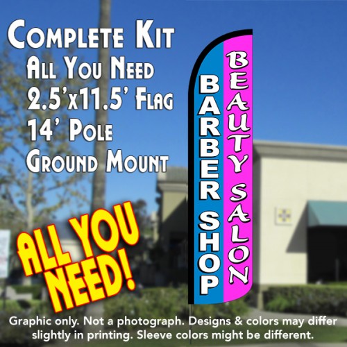 Barber Shop/Beauty Salon (Blue/Pink)  Windless Advertising Feather Flag Kit  (Flag, Pole, & Ground Spike) 14 Feet Outdoor Flags