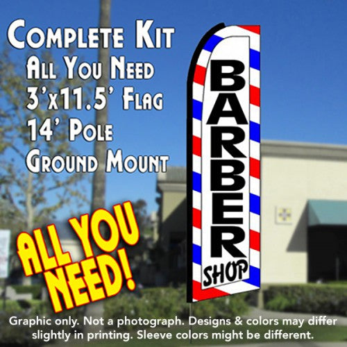 Barber Shop (Border)  Windless Advertising Feather Flag Kit  (Flag, Pole, & Ground Spike) 14 Feet Outdoor Flags